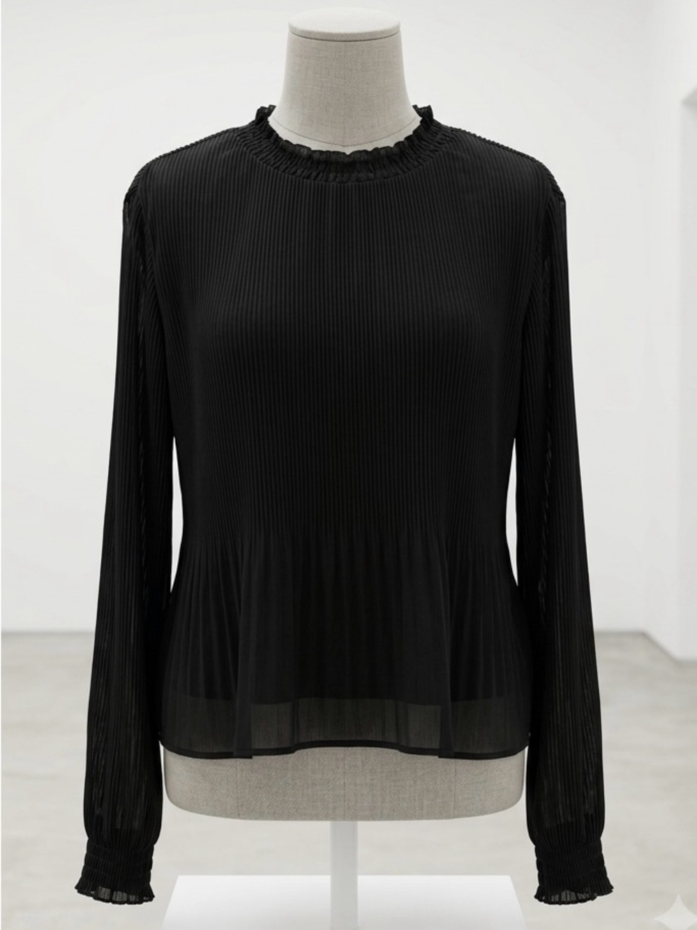 OAK + FORT| Black Pleated Ruffle-Neck Semi-Sheer Long-Sleeve Blouse Sz S